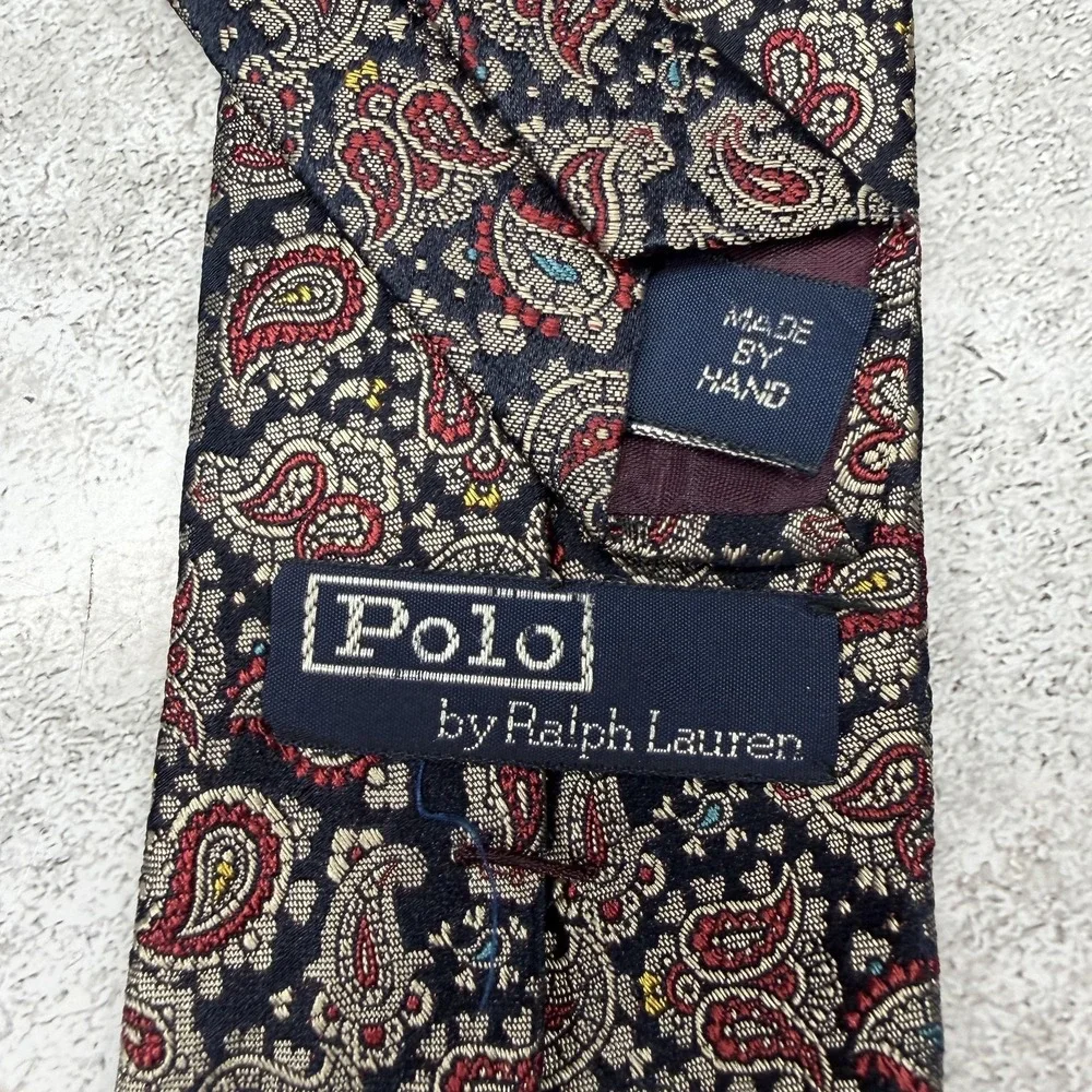 Polo By Ralph Lauren 100% Silk Tie Mens One Size Black‎ Paisley Made In USA